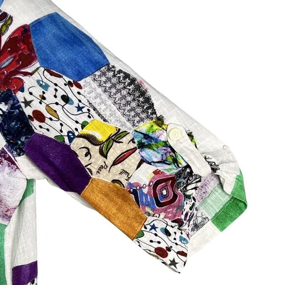 Parsley & Sage XL Bohemian Patchwork Ruffle Hi Lo Blouse Roll Tab Sleeve Artsy - Picture 8 of 16